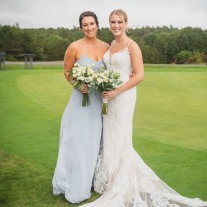 Light blue pastel bridesmaids dress.